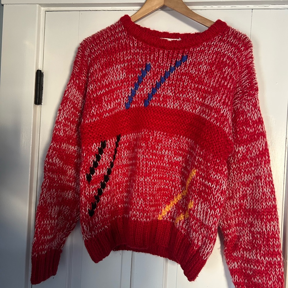 Hand knit vintage Cherry Stix sweater in bold 80s pattern. 100% acrylic.